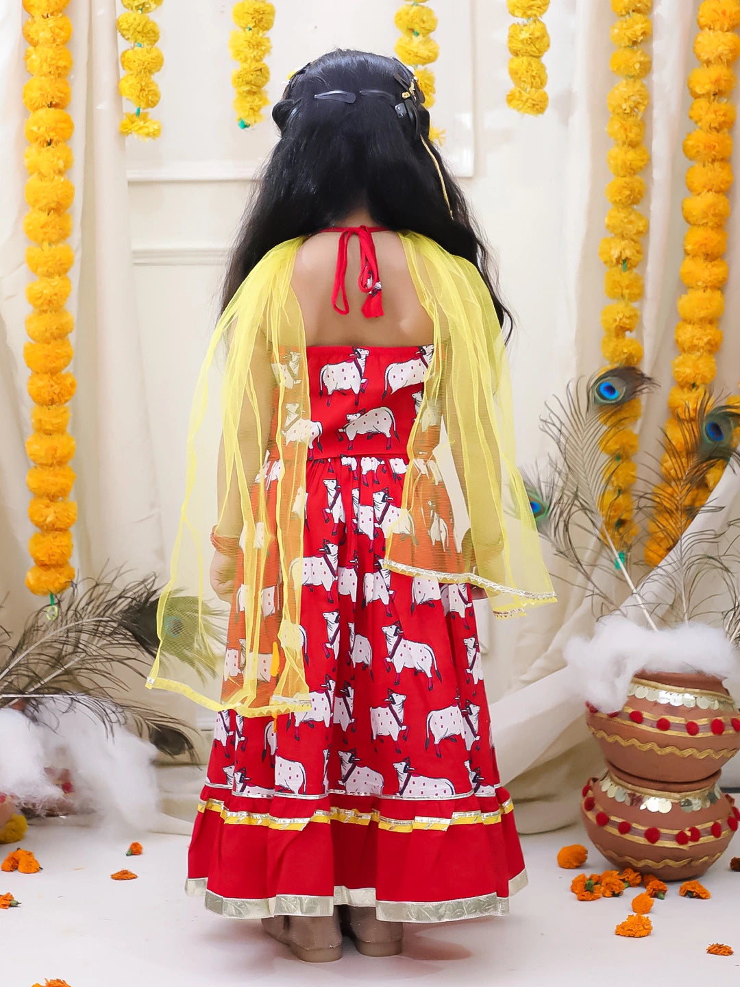 BownBee Pure Cotton Printed Dhoti Kurta & Lehenga Choli With Dupatta Sibling Set