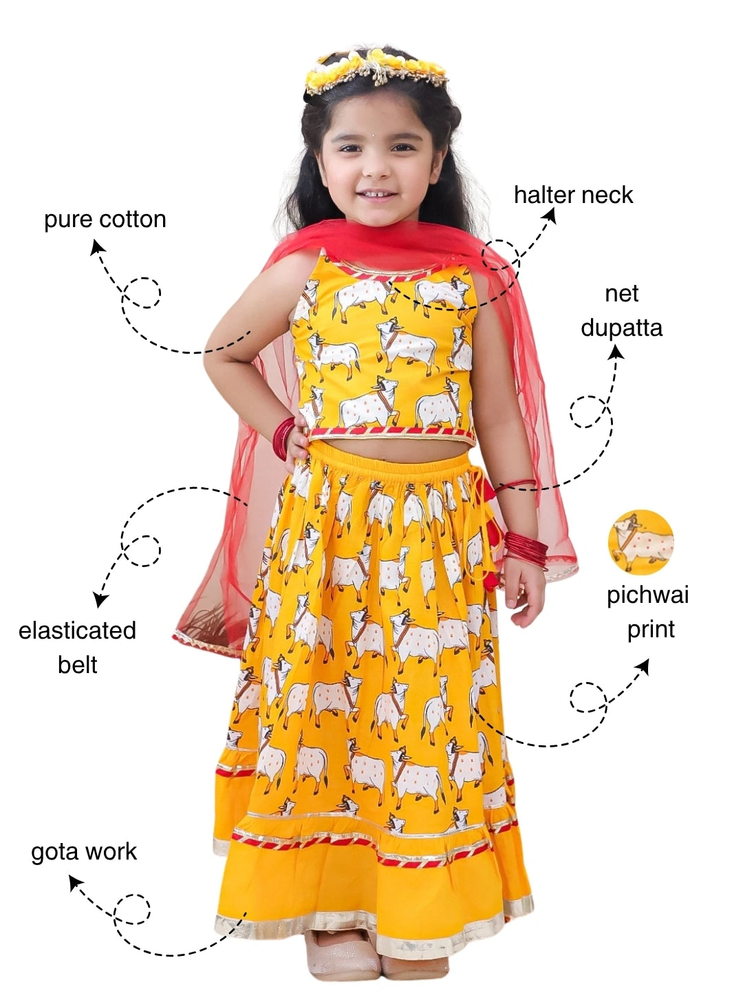 BownBee Pure Cotton Printed Halter Choli & Lehenga With Dupatta Set For Girls