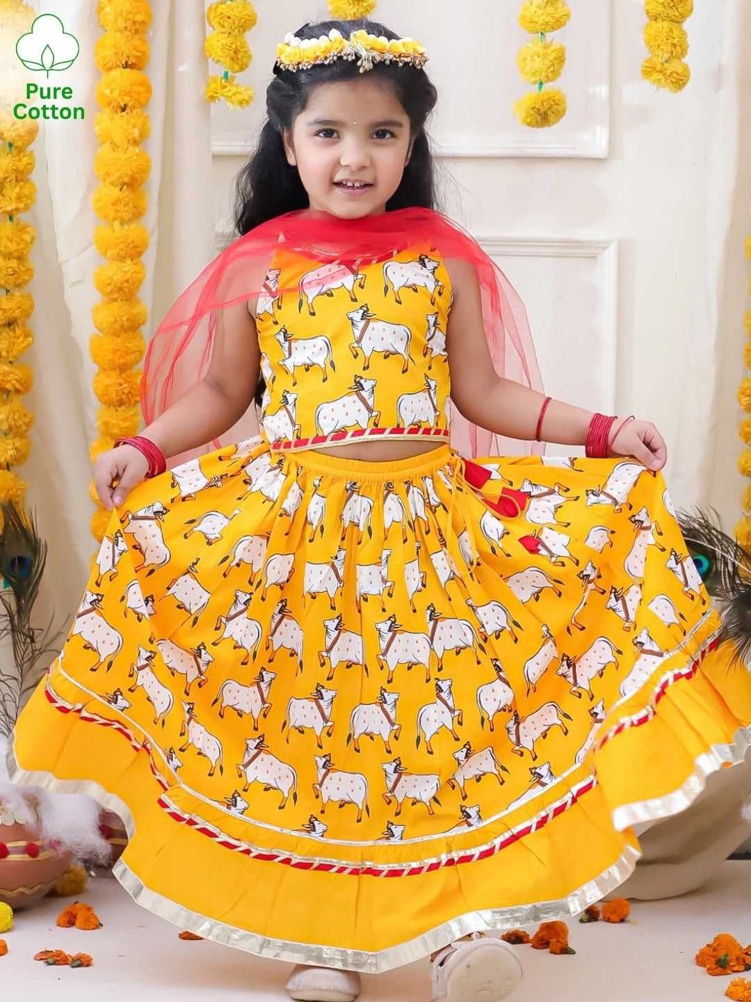 BownBee Pure Cotton Printed Halter Choli & Lehenga With Dupatta Set For Girls