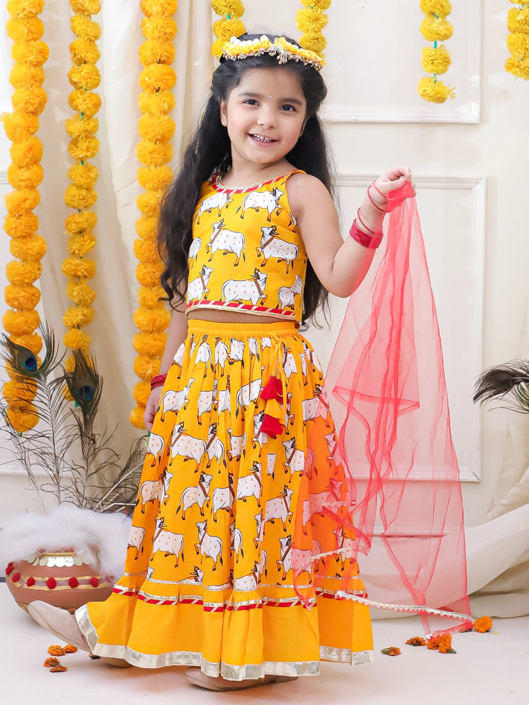 BownBee Pure Cotton Printed Dhoti Kurta & Lehenga Choli With Dupatta Sibling Set