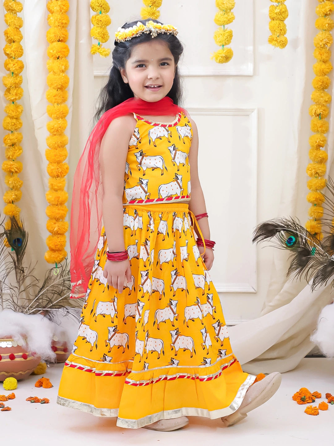BownBee Pure Cotton Printed Halter Choli & Lehenga With Dupatta Set For Girls