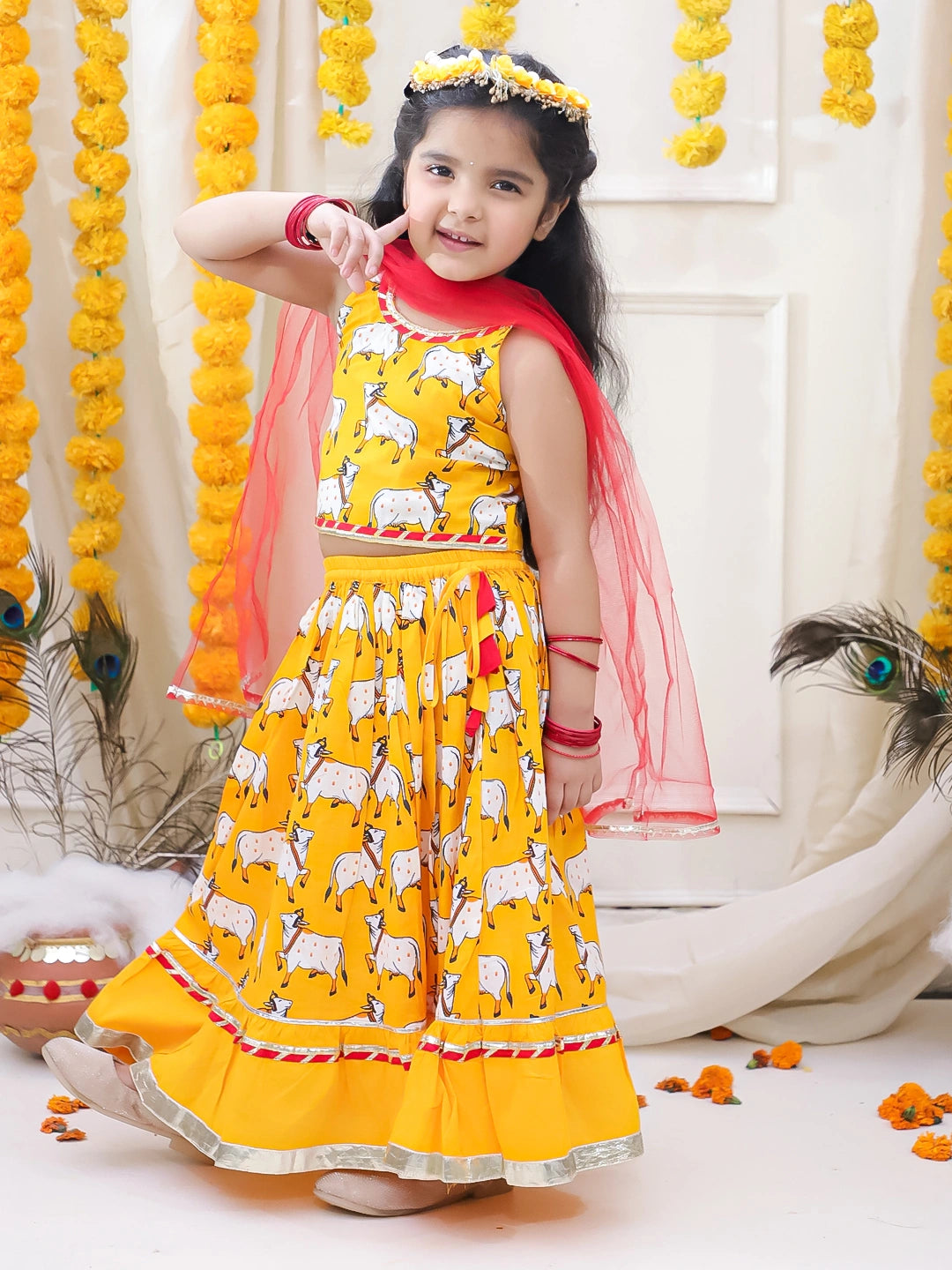 BownBee Pure Cotton Printed Halter Choli & Lehenga With Dupatta Set For Girls