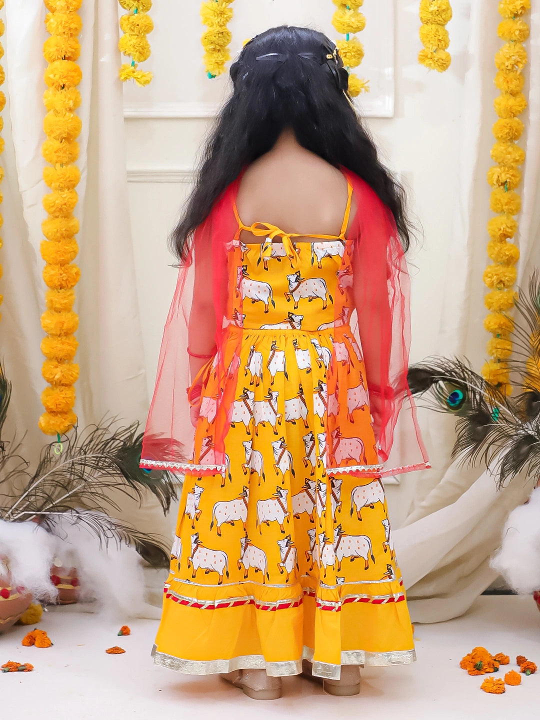BownBee Pure Cotton Printed Halter Choli & Lehenga With Dupatta Set For Girls