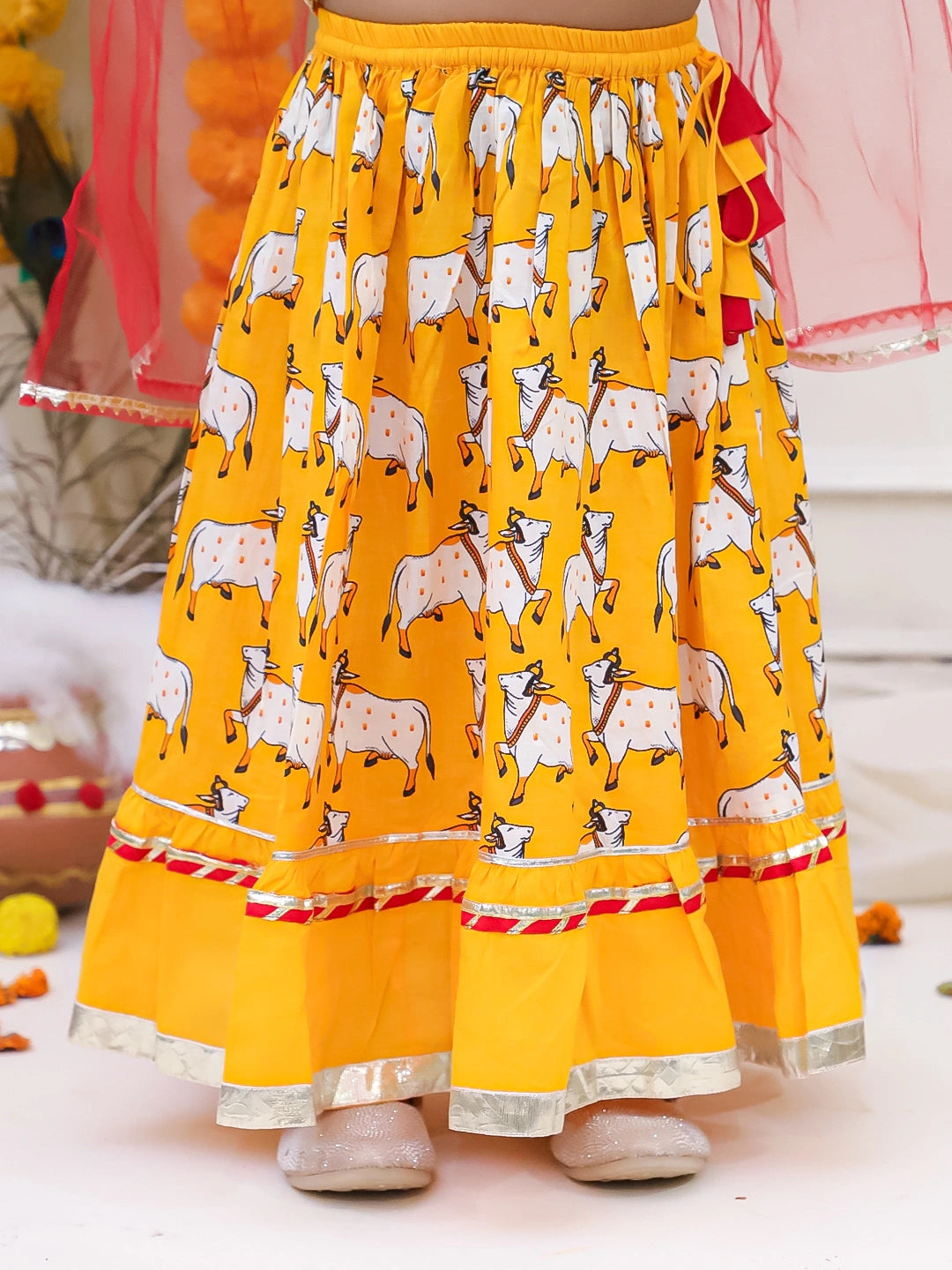 BownBee Pure Cotton Printed Dhoti Kurta & Lehenga Choli With Dupatta Sibling Set