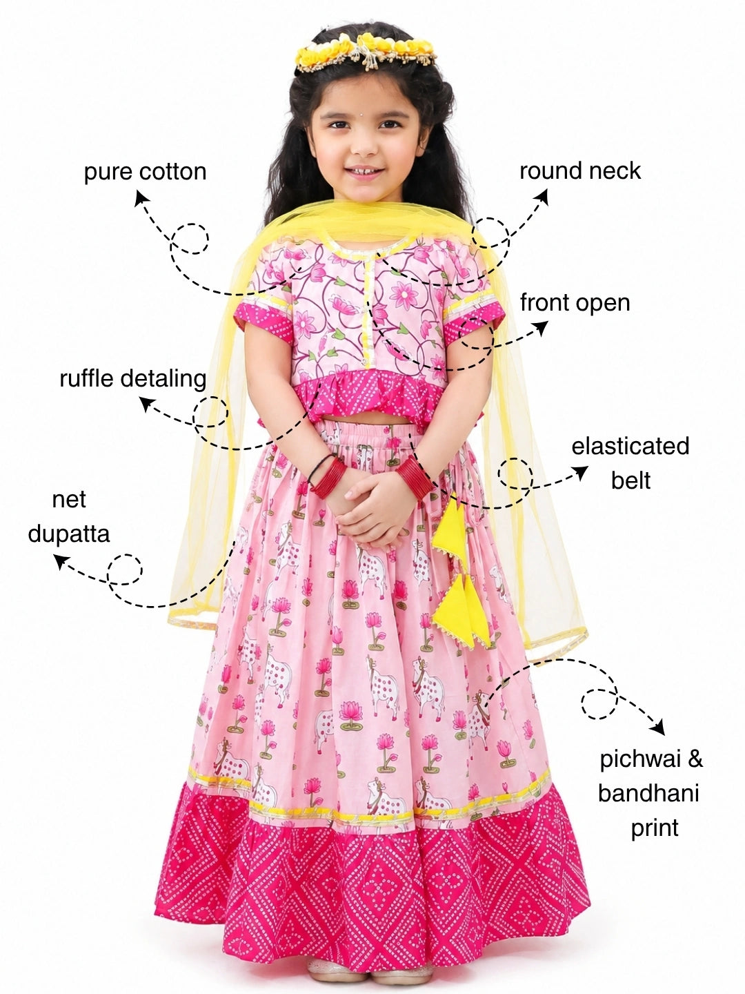 BownBee Pure Cotton Lehenga Choli & Dupatta Set For Girls