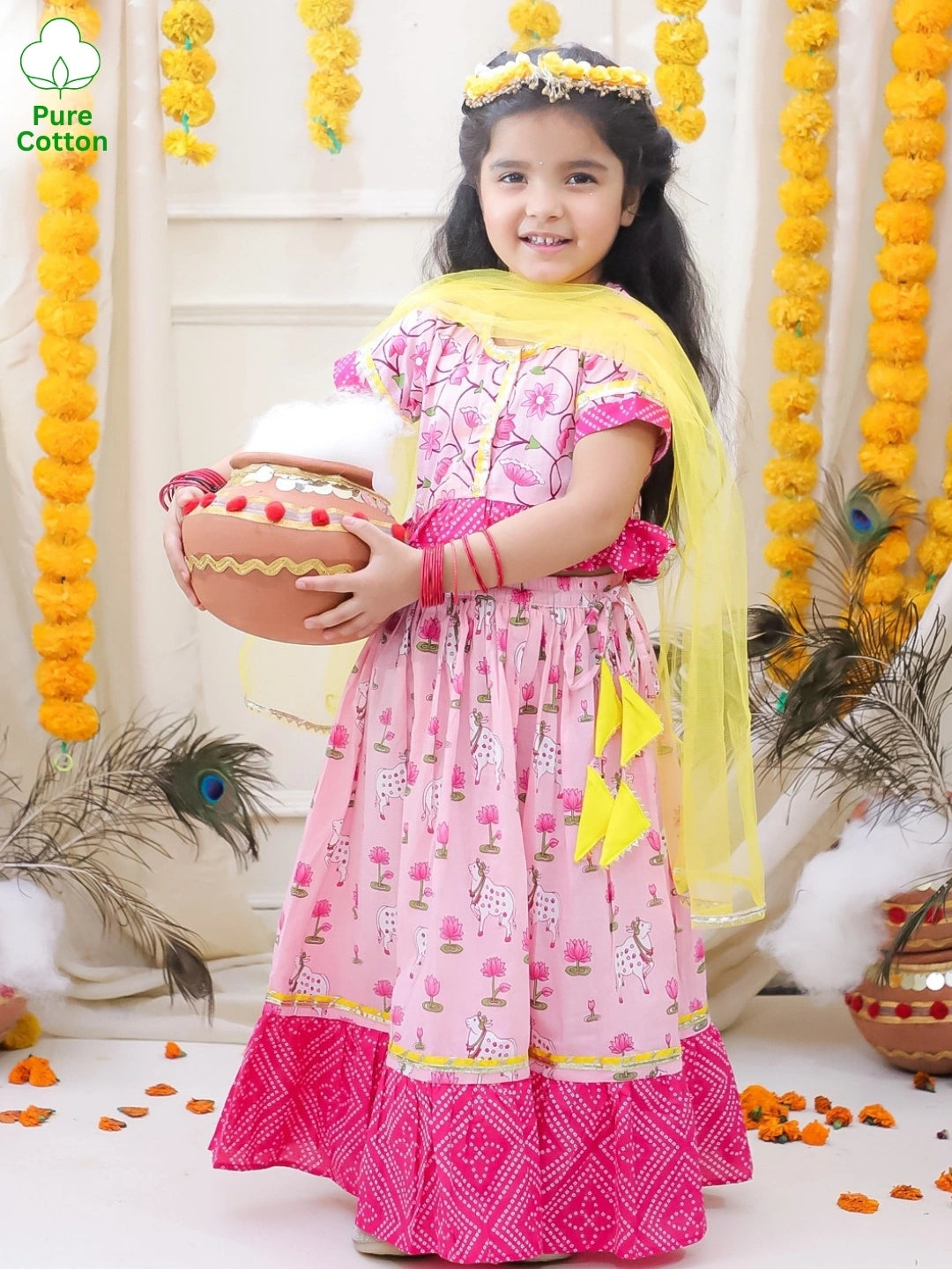 BownBee Pure Cotton Lehenga Choli & Dupatta Set For Girls