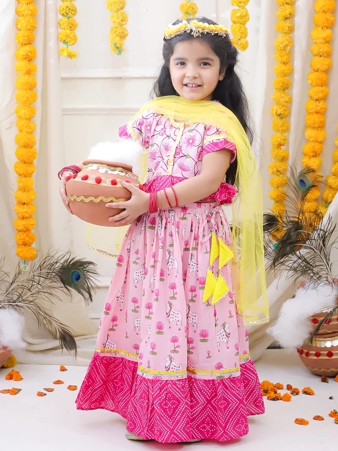 BownBee Pure Cotton Printed Dhoti Kurta & Lehenga Choli With Dupatta Sibling Set