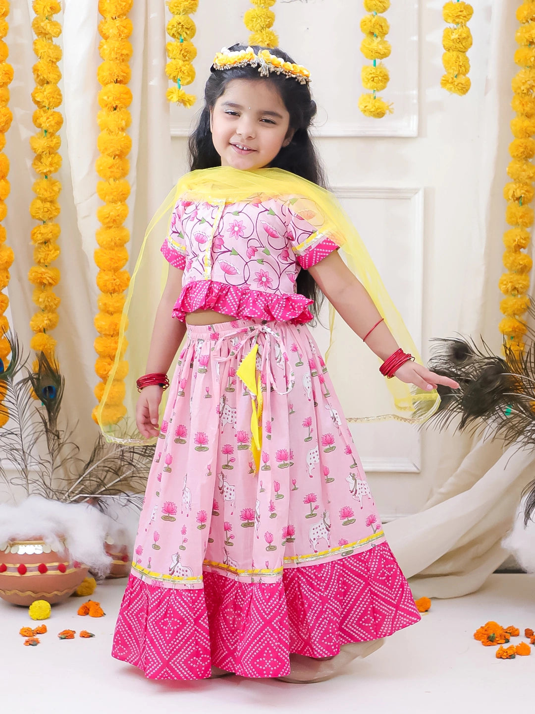 BownBee Pure Cotton Lehenga Choli & Dupatta Set For Girls