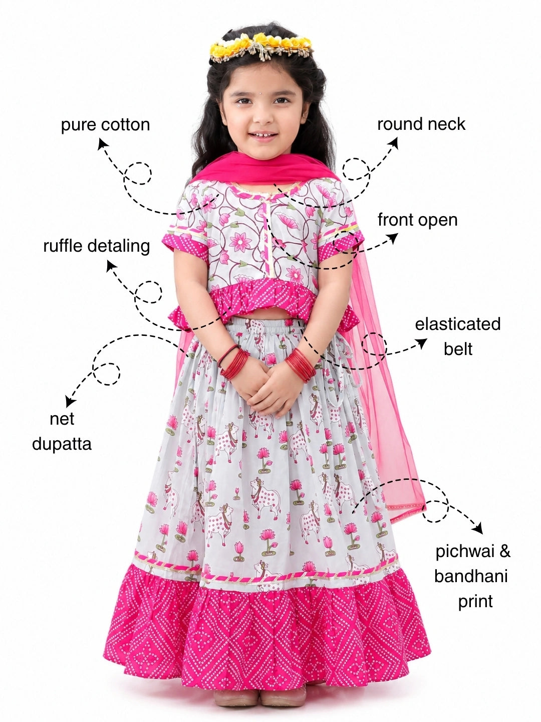 BownBee Pure Cotton Lehenga Choli & Dupatta Set For Girls