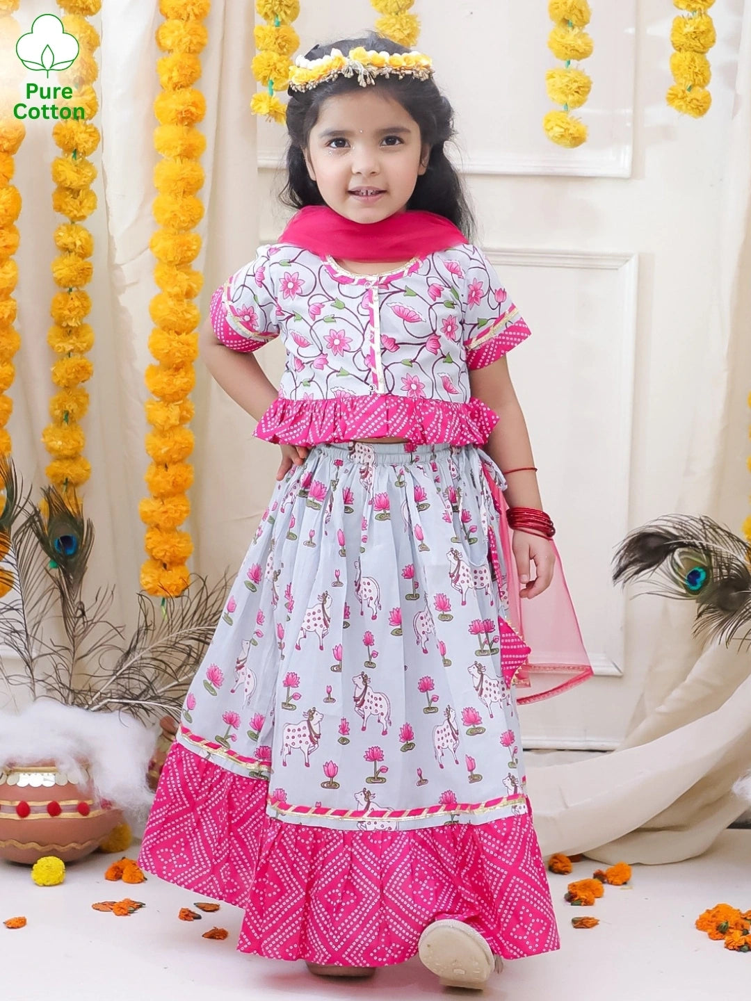 BownBee Pure Cotton Lehenga Choli & Dupatta Set For Girls