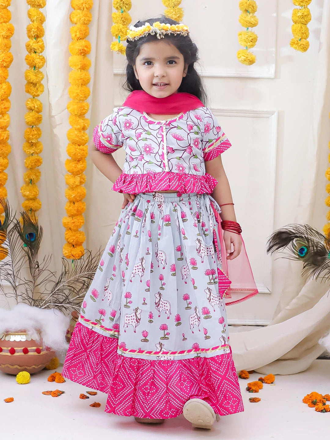 BownBee Pure Cotton Lehenga Choli & Dupatta Set For Girls