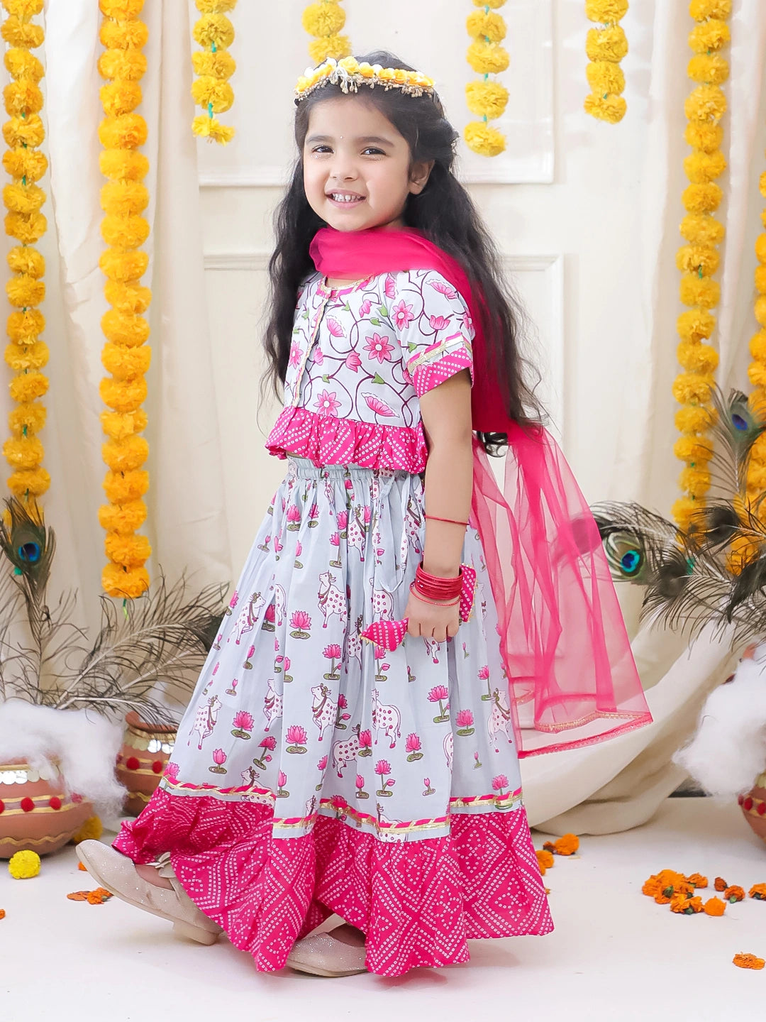 BownBee Pure Cotton Lehenga Choli & Dupatta Set For Girls