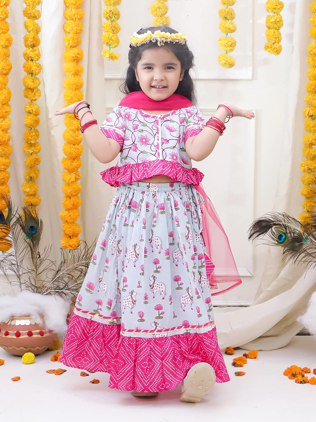 BownBee Pure Cotton Lehenga Choli & Dupatta Set For Girls