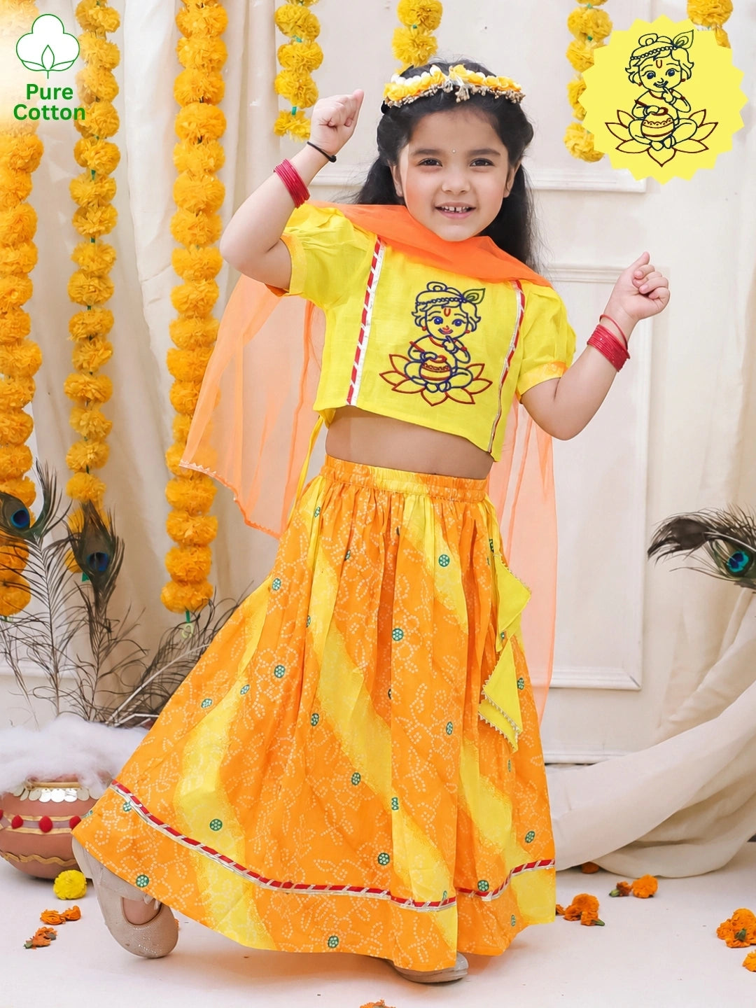 BownBee Pure Cotton Embroidered Puff Sleeve Choli & Lehenga With Dupatta Set For Girls