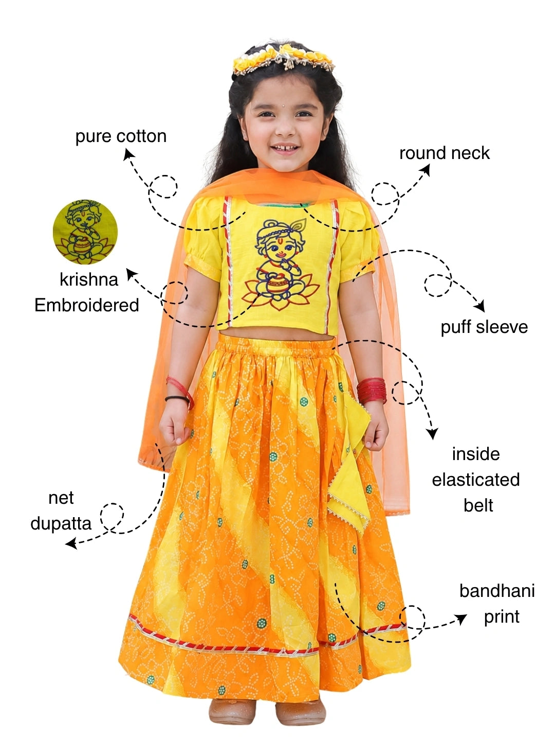 BownBee Pure Cotton Embroidered Puff Sleeve Choli & Lehenga With Dupatta Set For Girls
