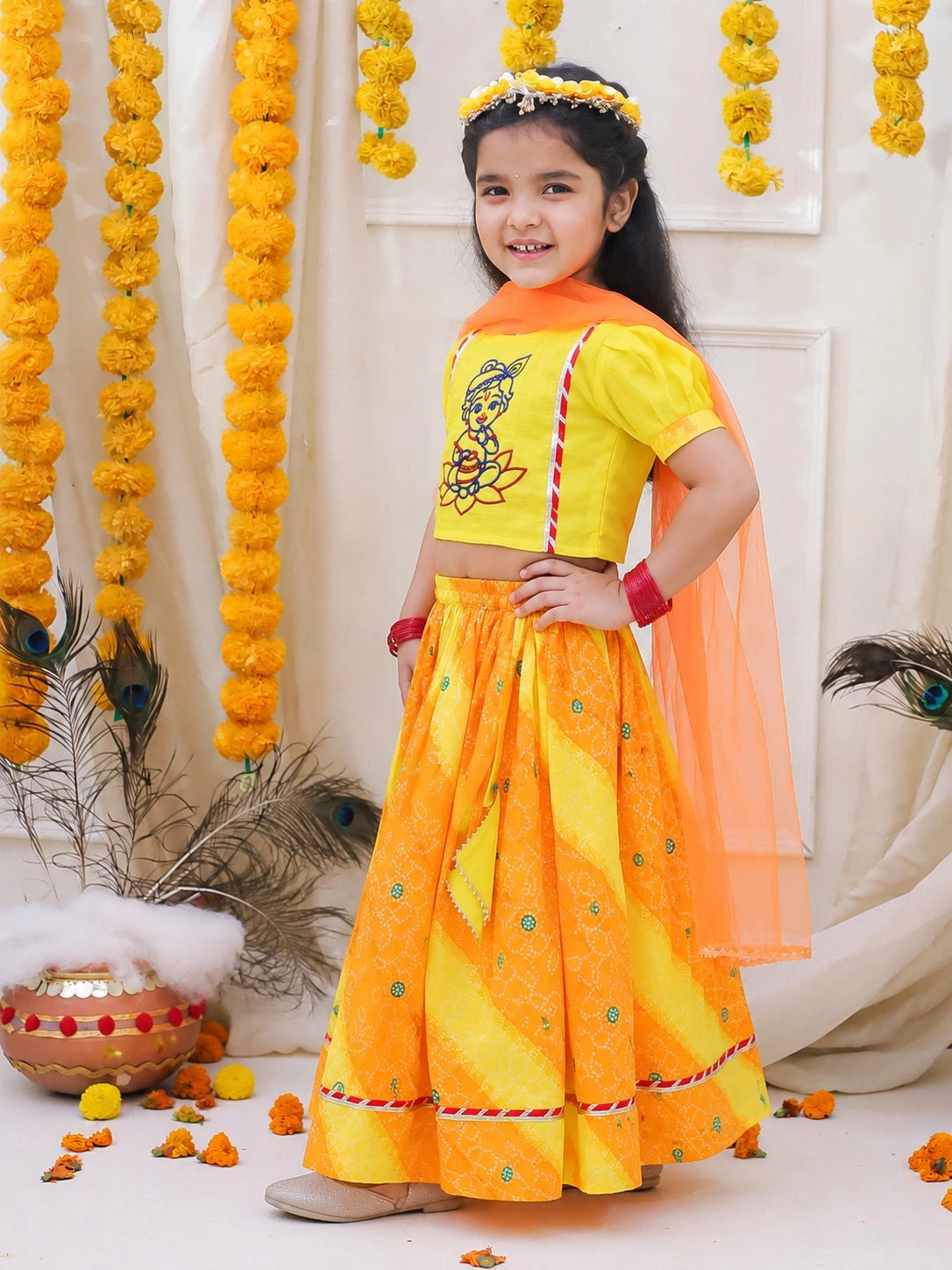 BownBee Pure Cotton Embroidered Puff Sleeve Choli & Lehenga With Dupatta Set For Girls