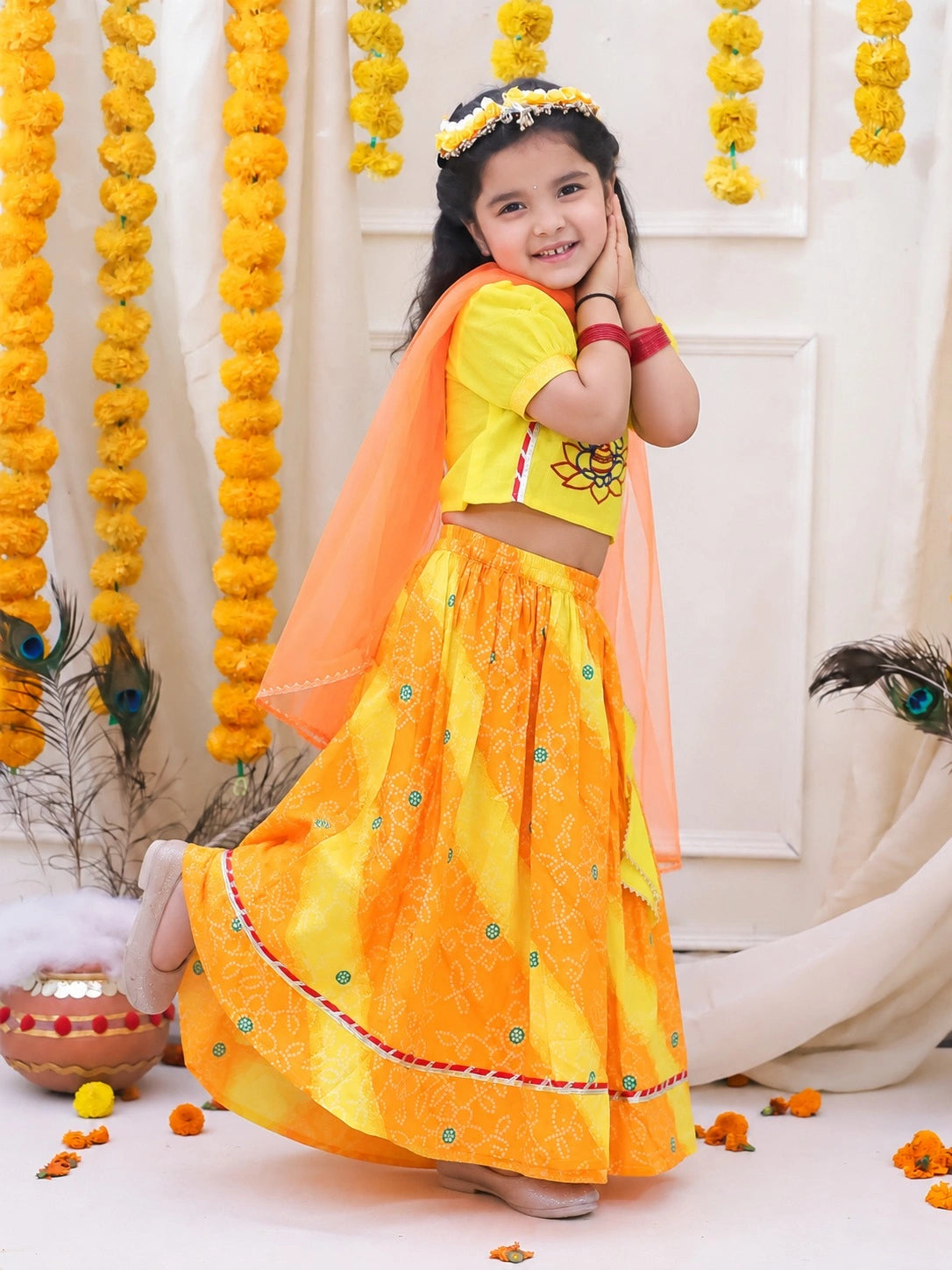 BownBee Pure Cotton Embroidered Puff Sleeve Choli & Lehenga With Dupatta Set For Girls