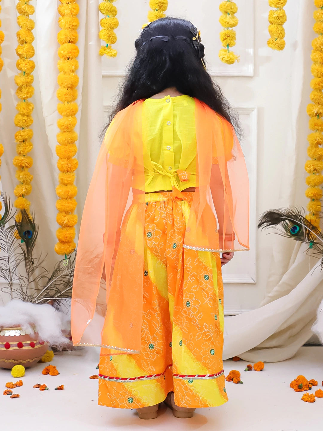 BownBee Pure Cotton Embroidered Puff Sleeve Choli & Lehenga With Dupatta Set For Girls