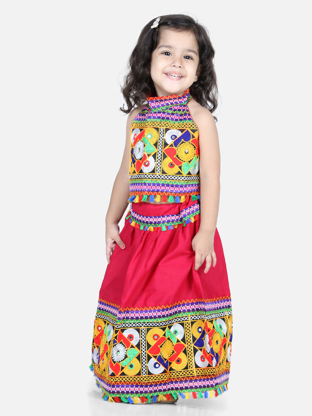 BownBee Kids Girls Navratri Dandiya  Garba Bandhani halter neck chaniya choli - Pink