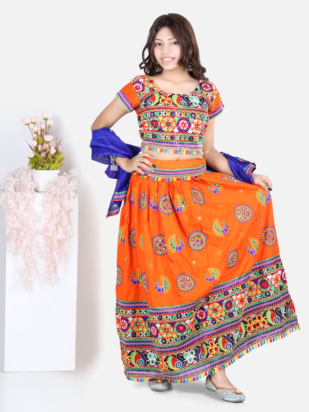 BownBee Peacock Embroidery Navratri Chaniya Choli- Orange