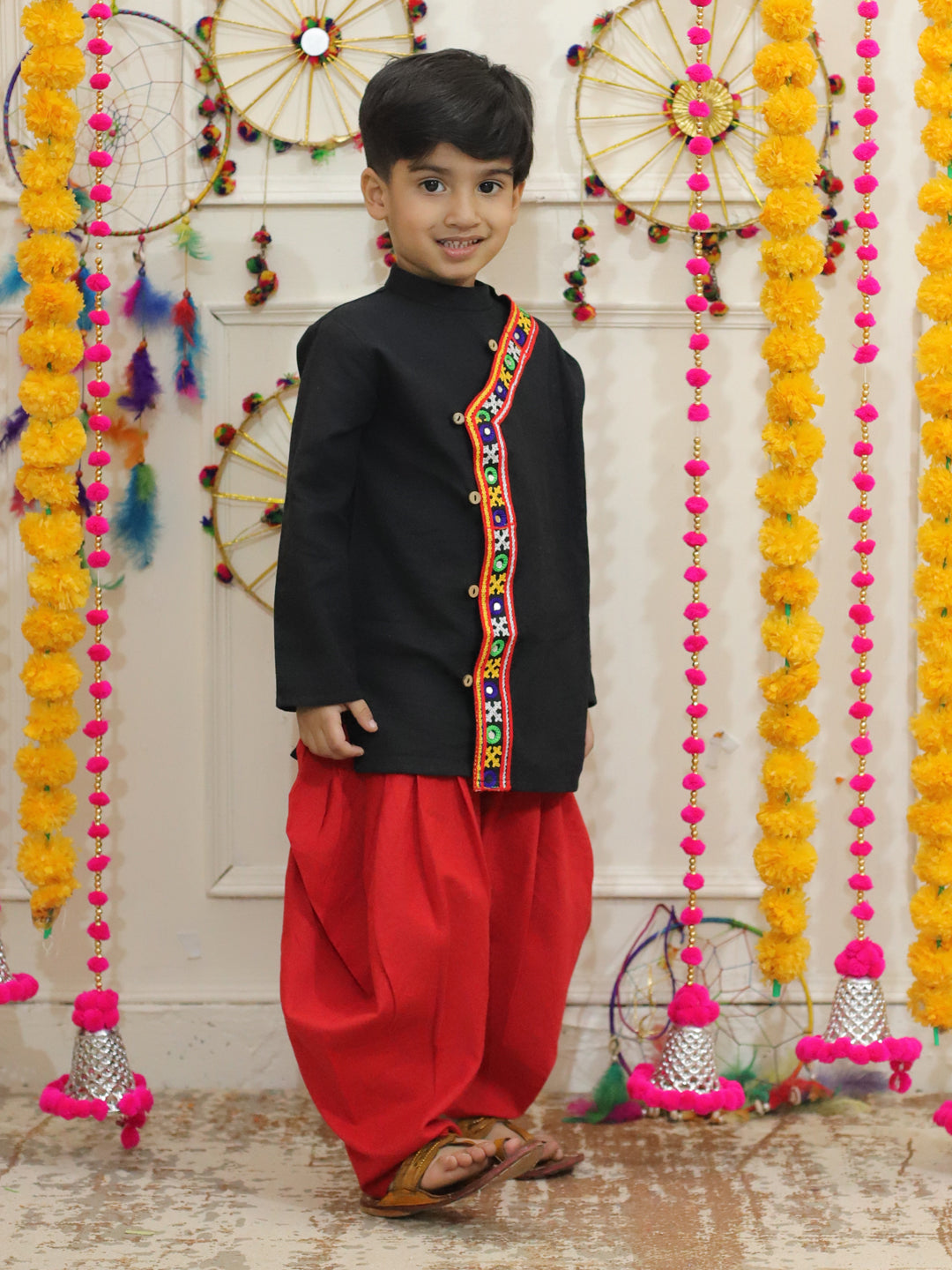 BownBee Embroidered Cotton Kurta with Dhoti for Boys- Black