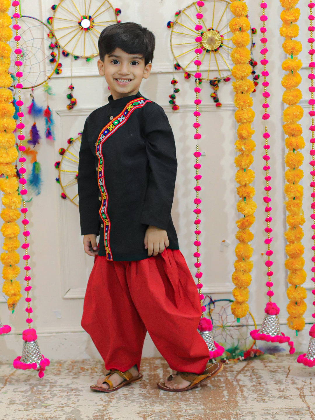BownBee Embroidered Cotton Kurta with Dhoti for Boys- Black