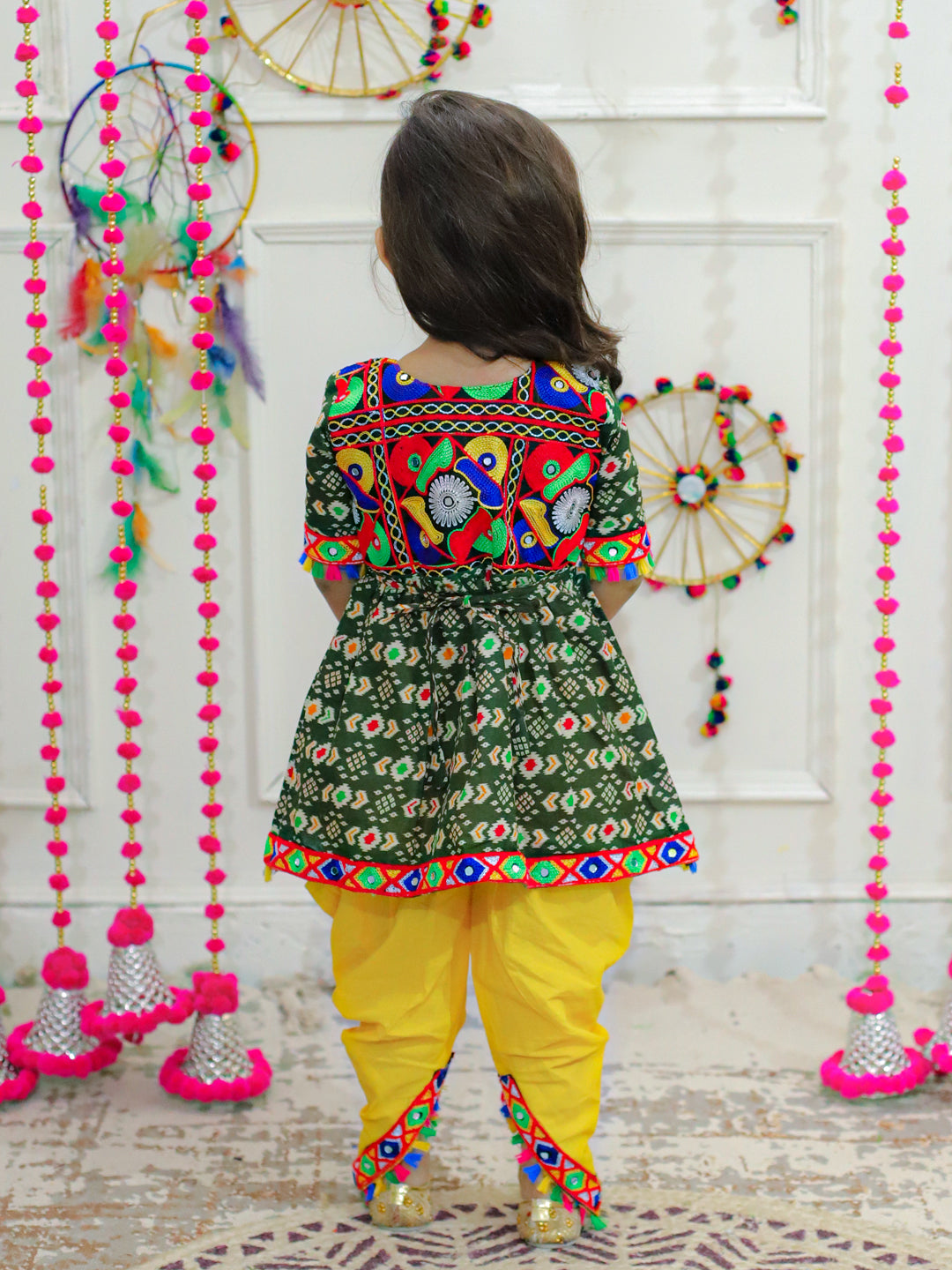 BownBee Kids Girls Navratri Dandiya  Garba  Embroidered Printed Cotton Top with Cotton Dhoti- Green