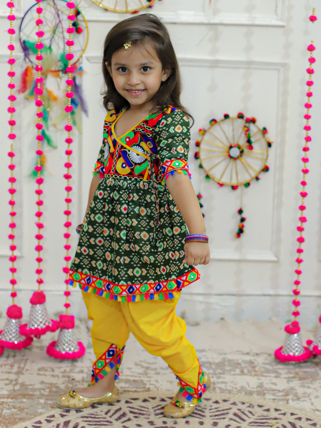 BownBee Kids Girls Navratri Dandiya  Garba  Embroidered Printed Cotton Top with Cotton Dhoti- Green