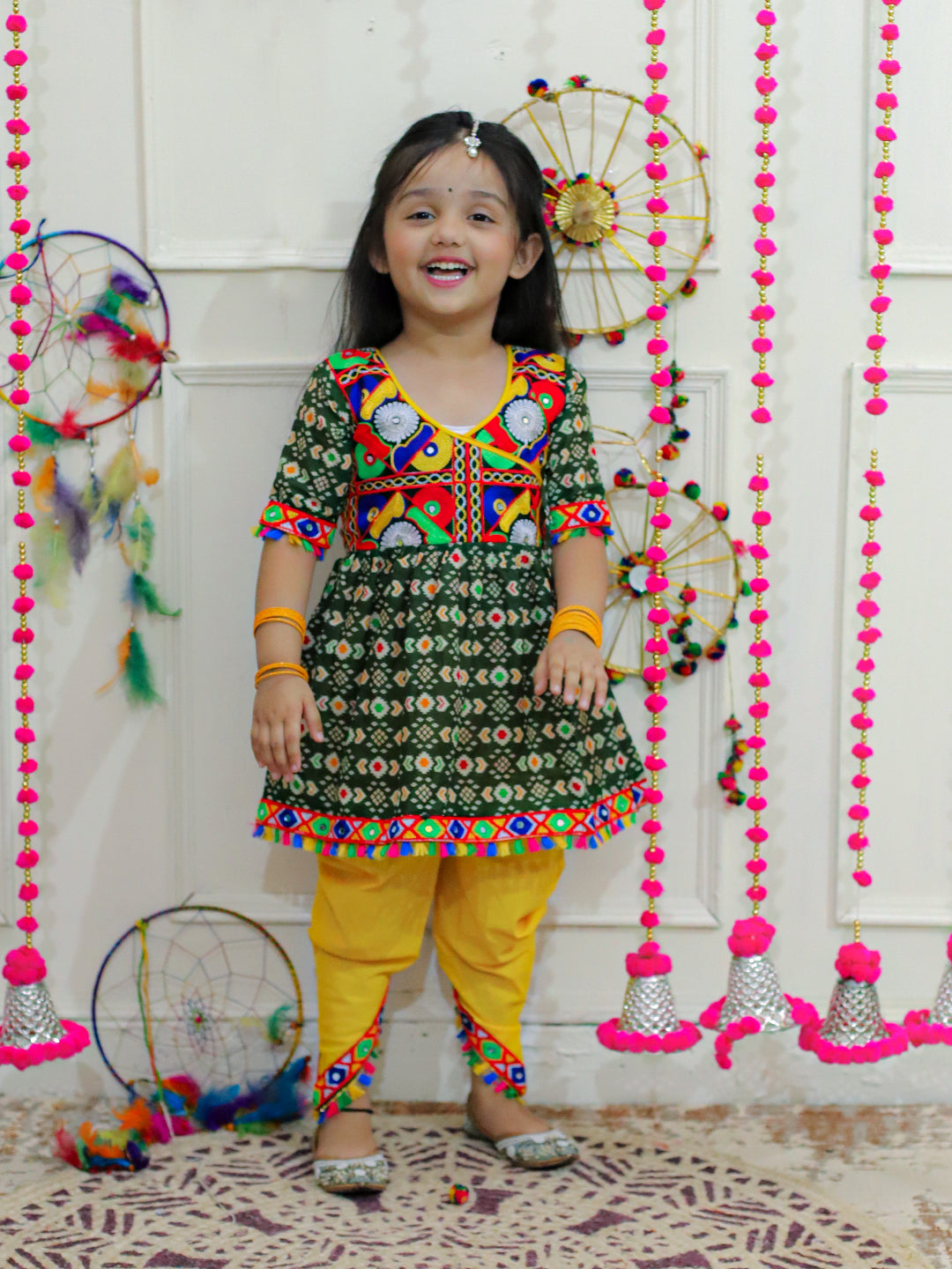 BownBee Kids Girls Navratri Dandiya  Garba  Embroidered Printed Cotton Top with Cotton Dhoti- Green