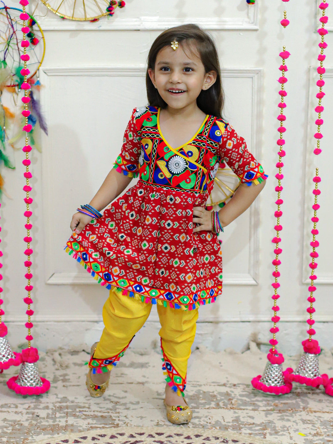 BownBee Kids Girls Navratri Dandiya  Garba  Embroidered Printed Cotton Top with Cotton Dhoti- Red