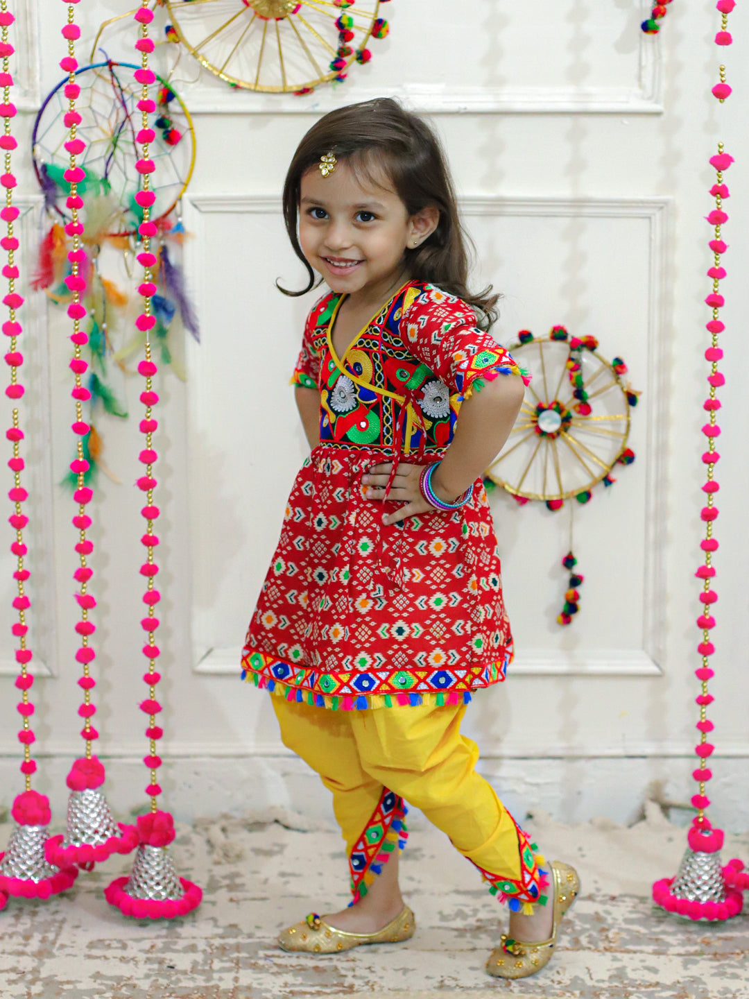 BownBee Embroidered Printed Cotton Kurta with Cotton Pajama- Red with  Embroidered Printed Cotton Top with Cotton Dhoti- Red