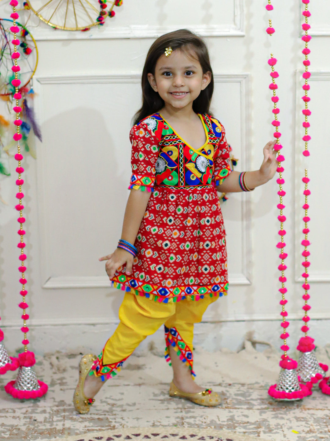 BownBee Kids Girls Navratri Dandiya  Garba  Embroidered Printed Cotton Top with Cotton Dhoti- Red