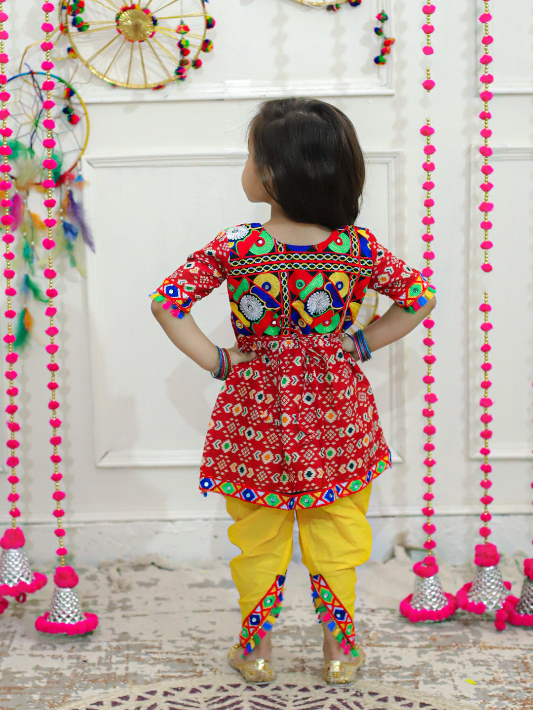 BownBee  Embroidered Printed Cotton Top with Cotton Dhoti- Red