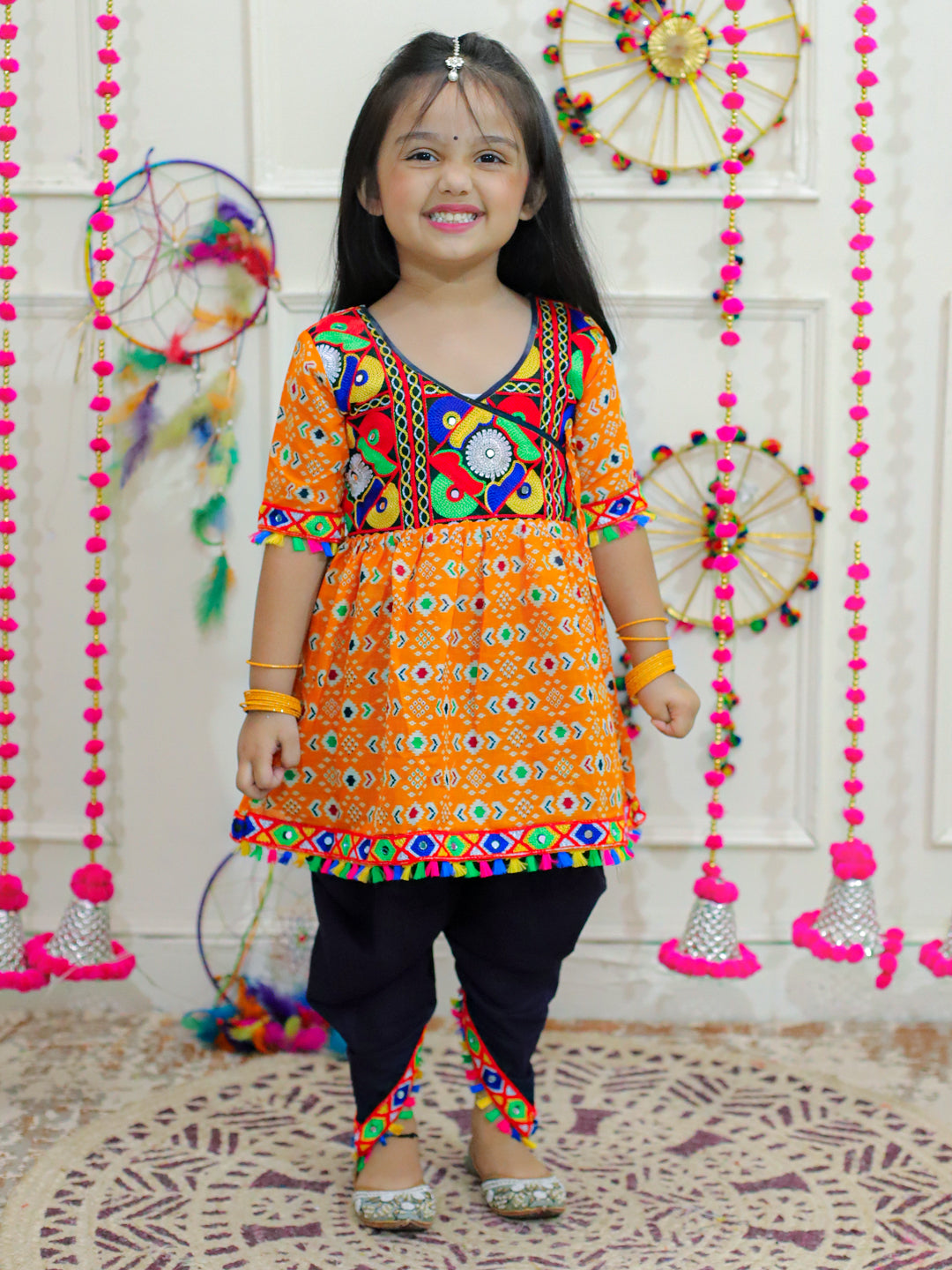 BownBee Embroidered Printed Cotton Kurta with Cotton Pajama- Yellow with  Embroidered Printed Cotton Top with Cotton Dhoti- Yellow