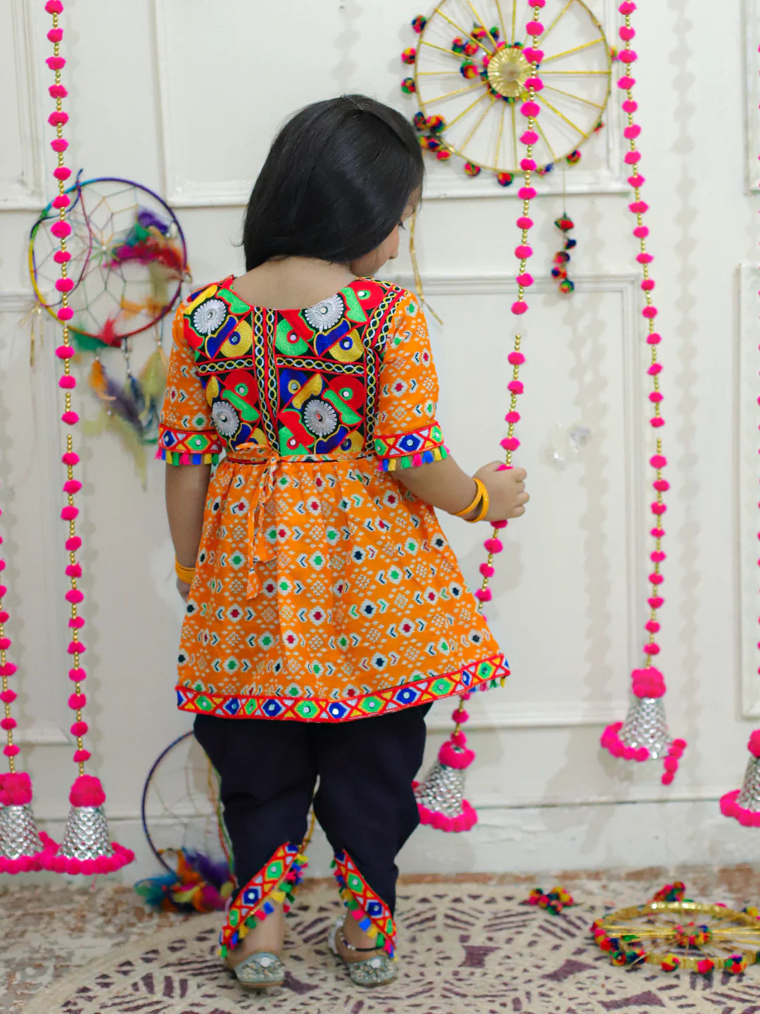 BownBee Kids Girls Navratri Dandiya  Garba  Embroidered Printed Cotton Top with Cotton Dhoti