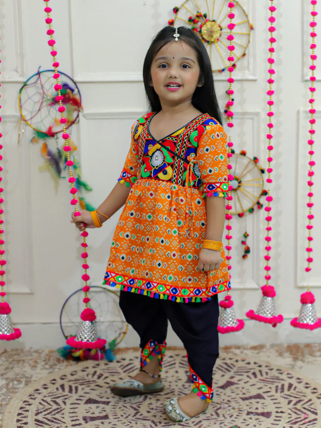 BownBee Kids Girls Navratri Dandiya  Garba  Embroidered Printed Cotton Top with Cotton Dhoti