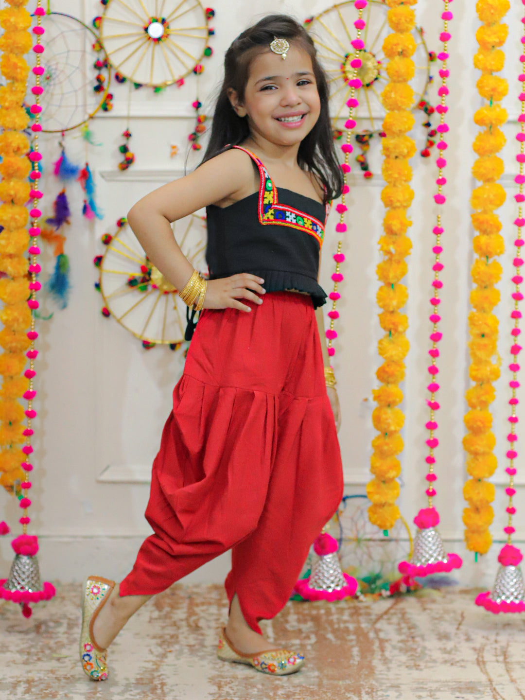 BownBee Embroidered Cotton Top with Dhoti for Girls- Black