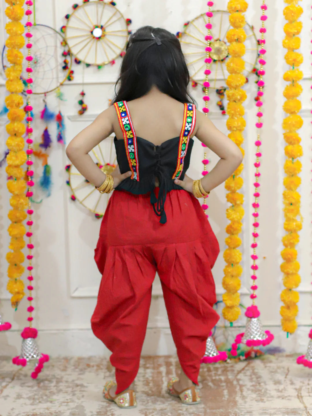 BownBee Embroidered Cotton Top with Dhoti for Girls