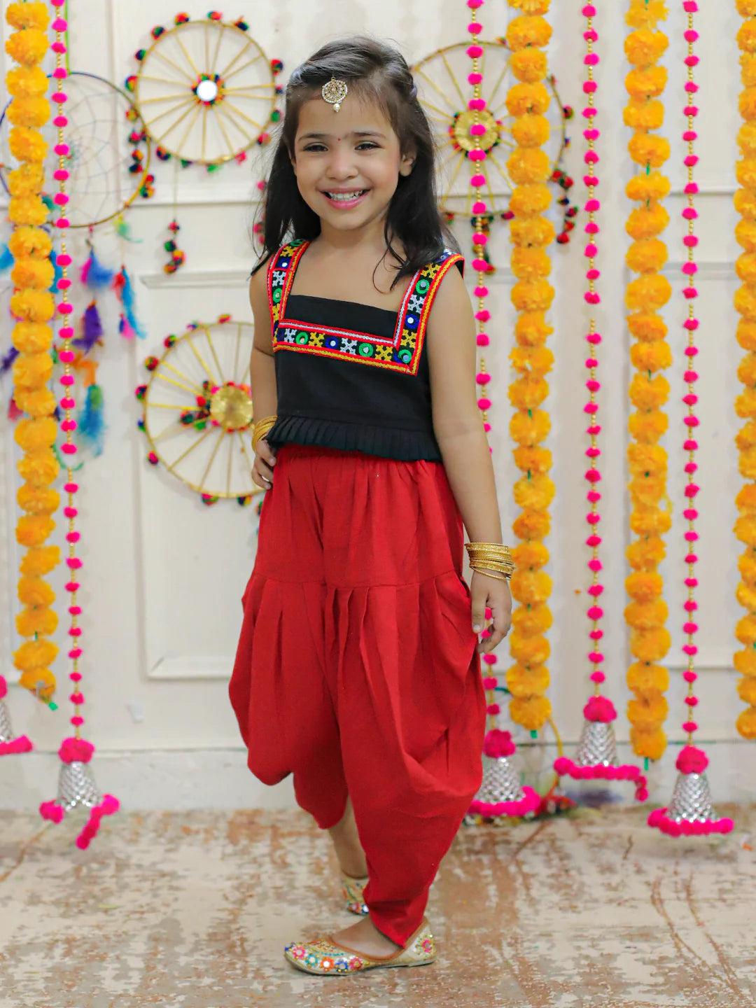BownBee Embroidered Cotton Top with Dhoti for Girls