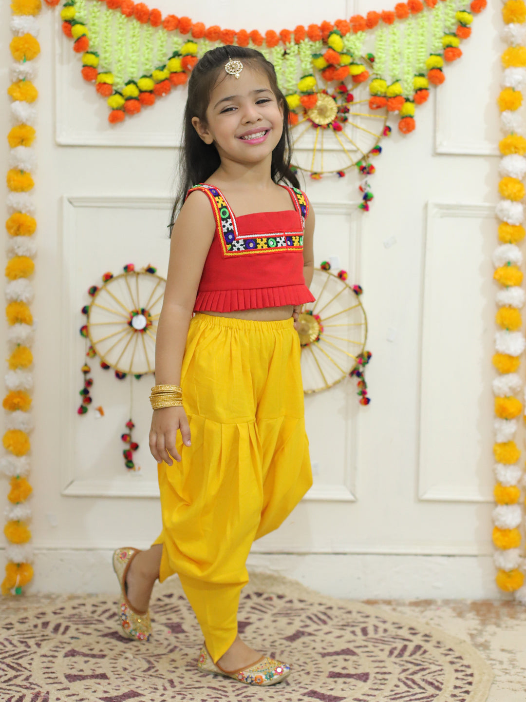 BownBee Embroidered Cotton Top with Dhoti for Girls- Red