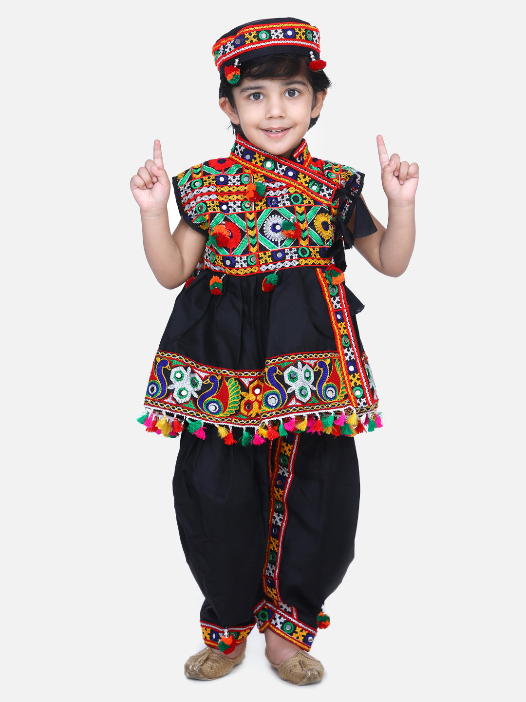 BownBee Sibling Embroidered kediya with Dhoti and Cap for Boys and Bandhani halter neck chaniya choli - Black