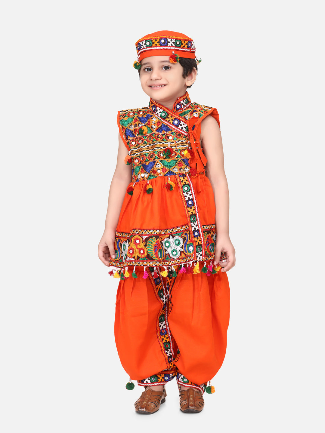 BownBee Sibling Embroidered kediya with Dhoti and Cap for Boys and Bandhani halter neck chaniya choli - Orange