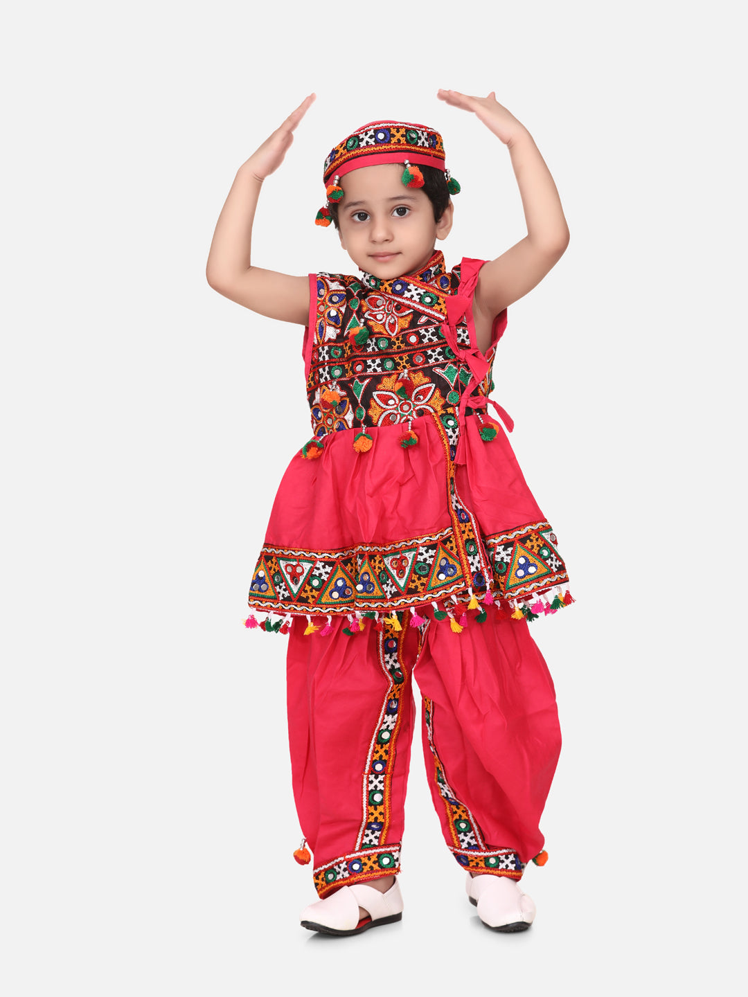 BownBee Sibling Embroidered kediya with Dhoti and Cap for Boys and Bandhani Print Cotton Lehnga Choli- Pink
