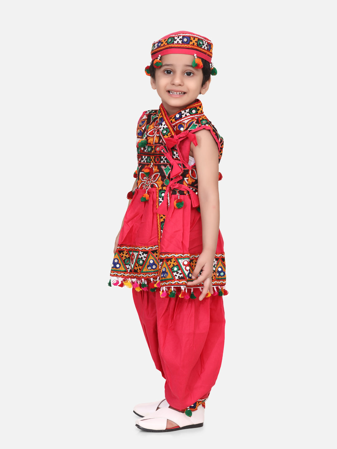 BownBee Sibling Embroidered kediya with Dhoti and Cap for Boys and Bandhani Print Cotton Lehnga Choli- Pink