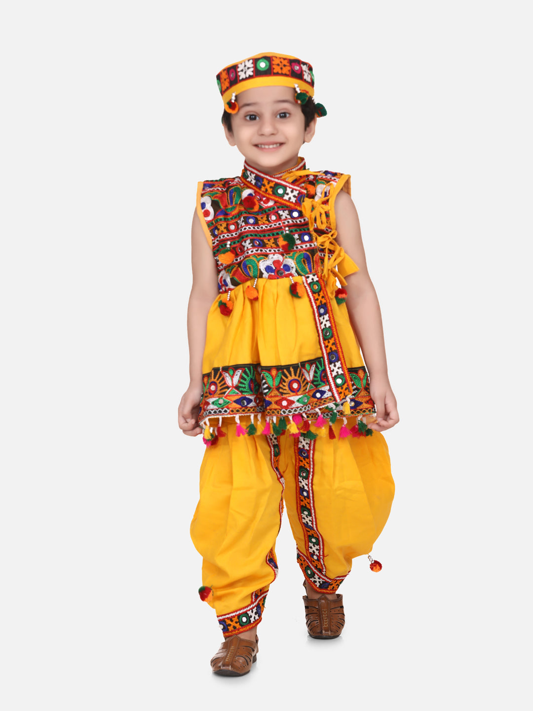 BownBee Sibling Embroidered kediya with Dhoti and Cap for Boys and Bandhani halter neck chaniya choli for Girls - Yellow