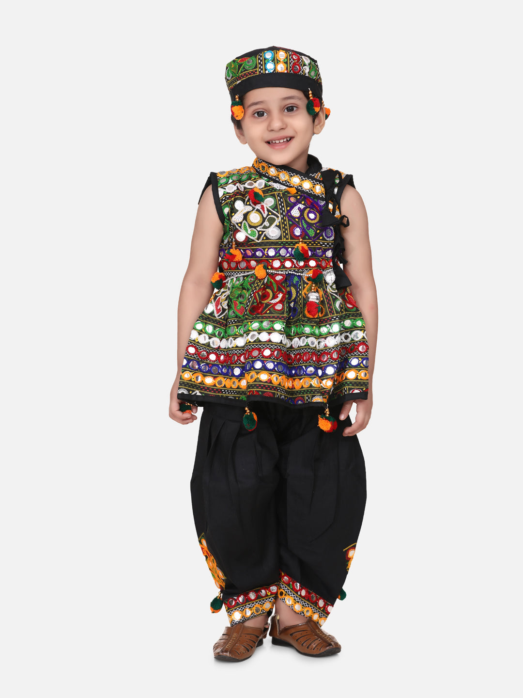 BownBee Sibling Embroidered kediya with Dhoti and Cap for Boys and Mirror Work Chaniya Choli with Dupatta - Black