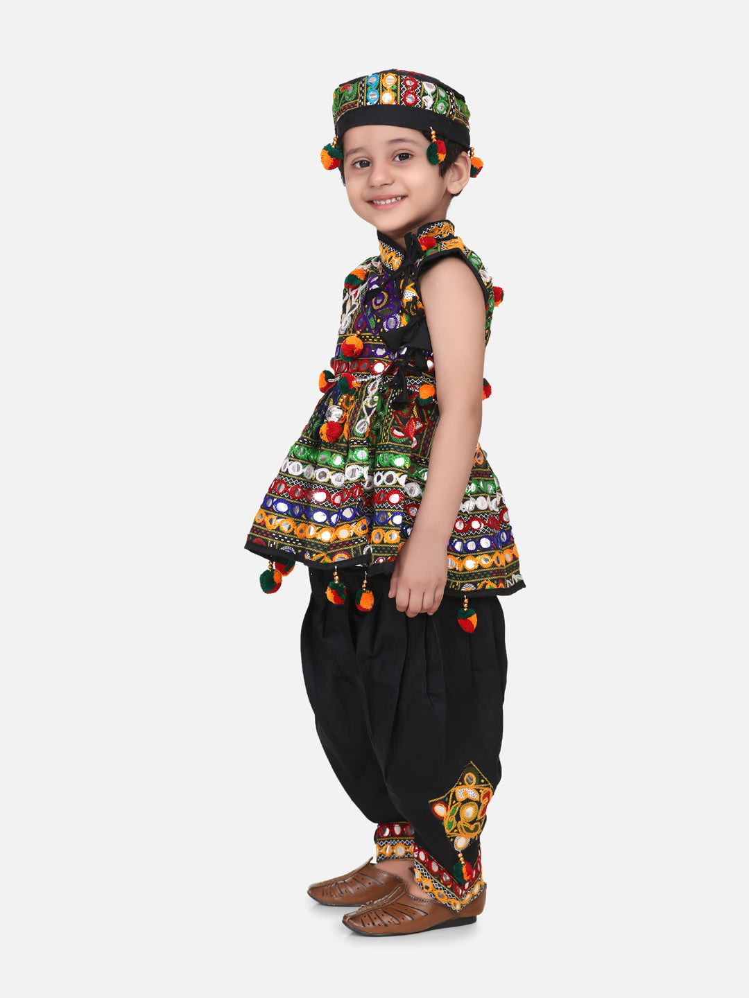 BownBee Sibling Embroidered kediya with Dhoti and Cap for Boys and Mirror Work Chaniya Choli with Dupatta - Black