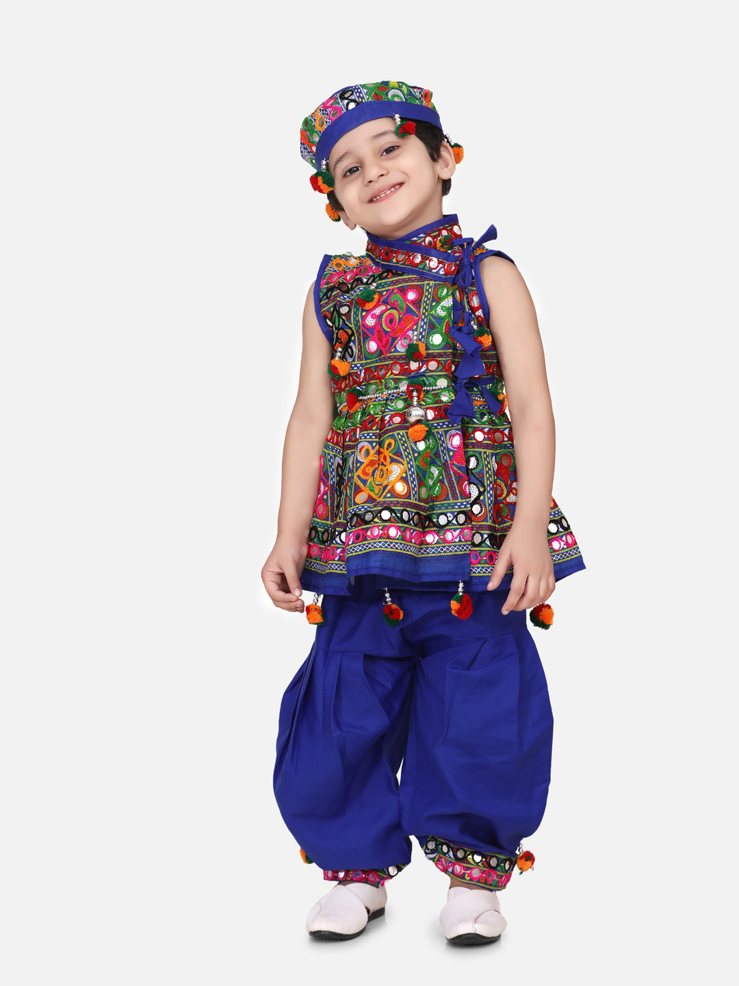 BowBee Sibling Embroidered kediya with Dhoti and Cap for Boys and Bandhani halter neck chaniya choli-Blue