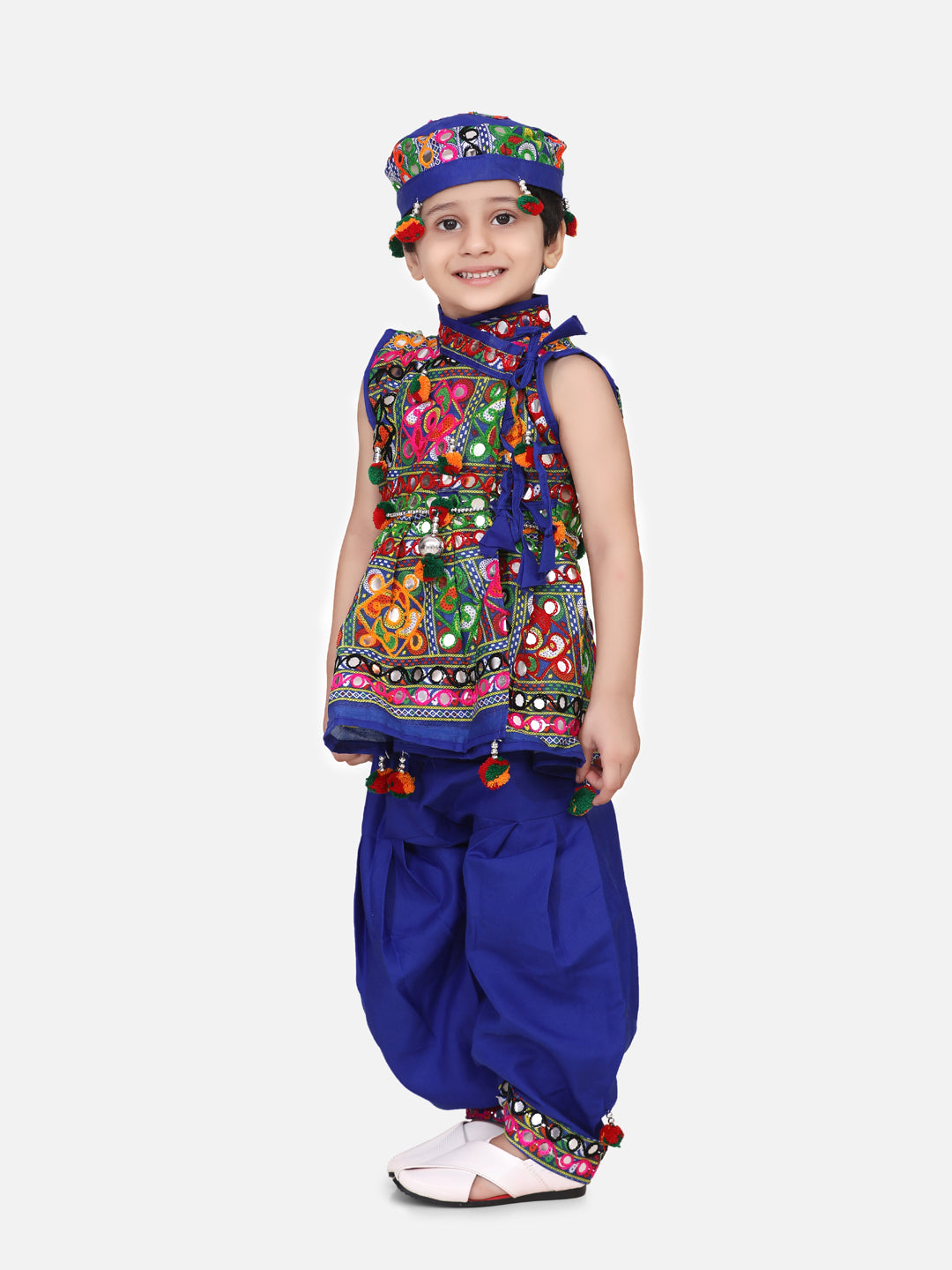 BowBee Sibling Embroidered kediya with Dhoti and Cap for Boys and Bandhani halter neck chaniya choli-Blue
