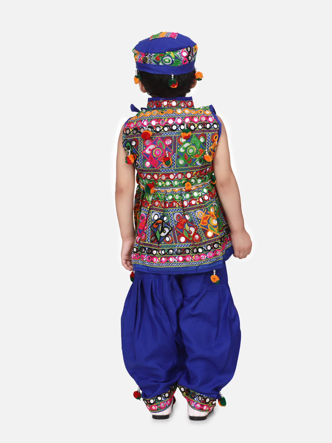 BowBee Sibling Embroidered kediya with Dhoti and Cap for Boys and Bandhani halter neck chaniya choli-Blue